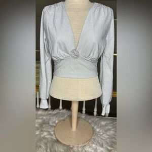 Chic Metallic Silver Women's Plunge Neck Blouse Crystal Moon Star Brooch NWT